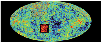 A montage image of the cosmic microwave background radiation obtained in 2003 by NASA’s WMAP satellite and from two earlier experiments co-led by Prof. Hanany: Maxima, performed in 2000 (square) and Archeops, 2002 (region above upper black line). The WMAP results agree with both the Maxima and Archeops findings